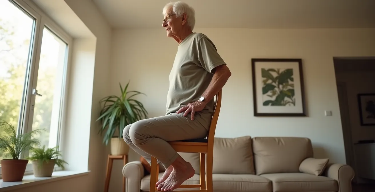 Senior effectuant le test de lever de chaise pour évaluer sa force musculaire
