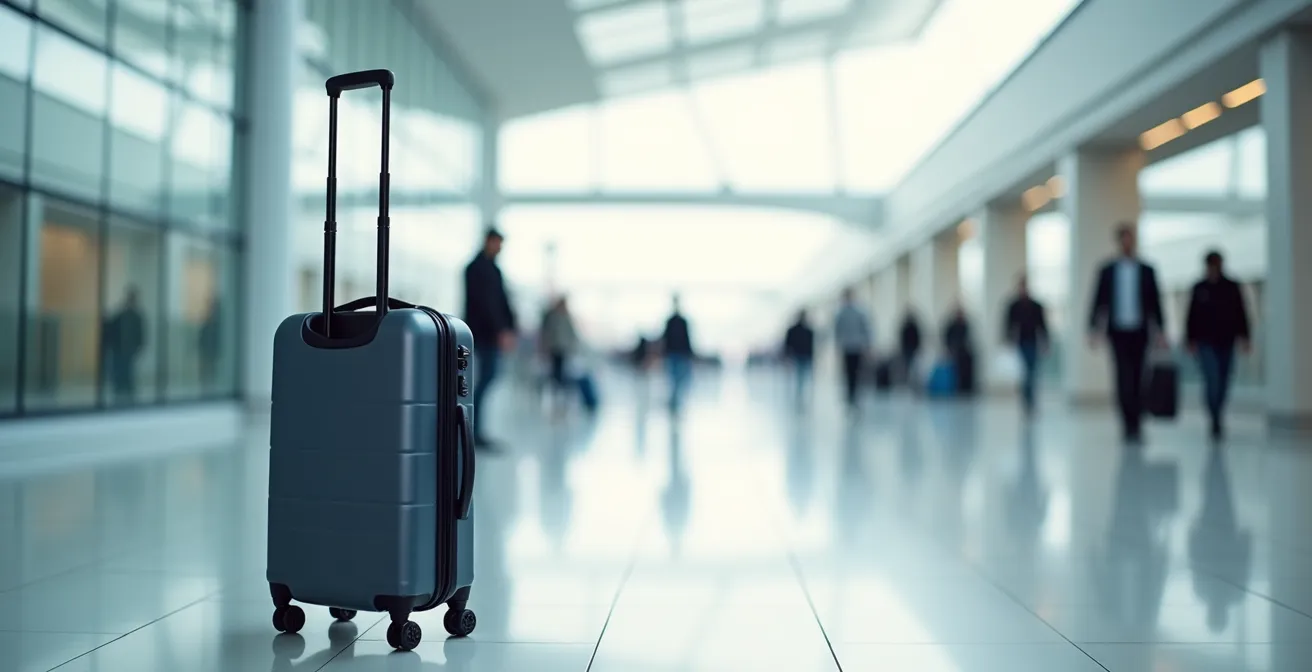 Valise moderne à quatre roues dans un hall de gare lumineux avec perspective minimaliste