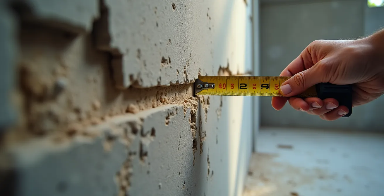 Gros plan sur un mur épais avec une main mesurant son épaisseur à l'aide d'un mètre ruban