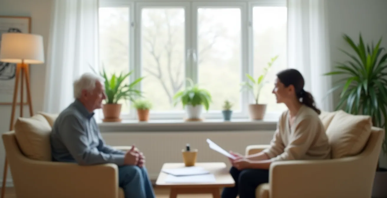Visite d'évaluation APA à domicile avec assistant social et personne âgée