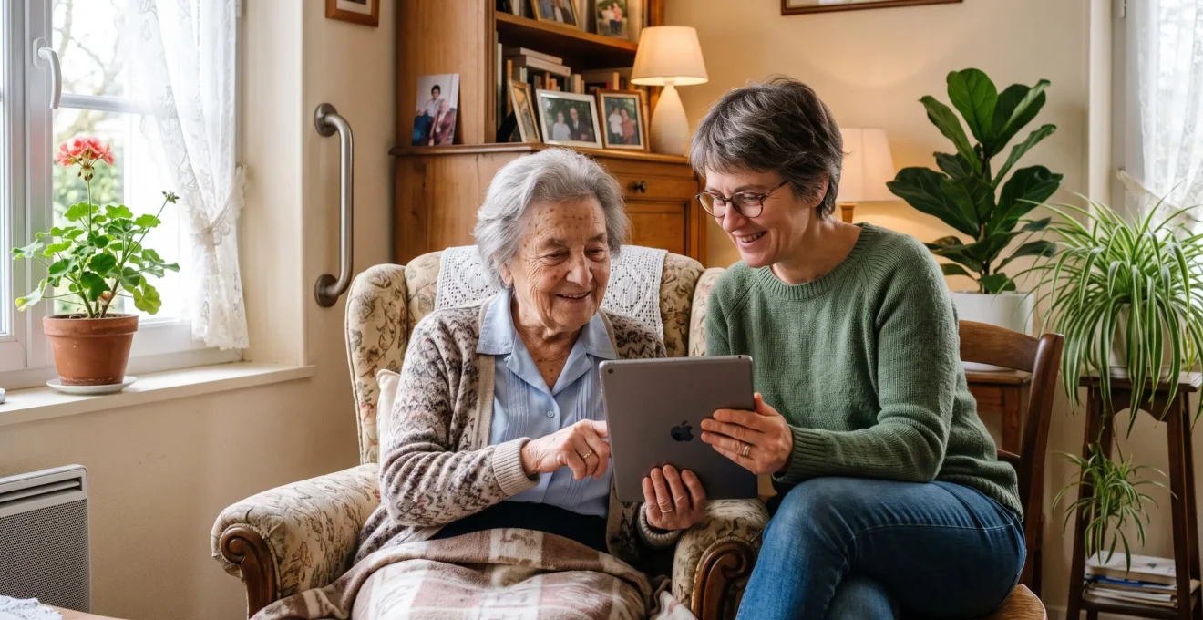 Une femme adulte et sa mère âgée consultent ensemble un document dans le salon familial, dans une atmosphère chaleureuse et détendue.