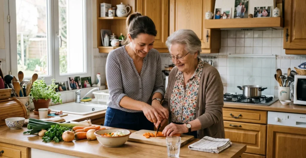 Une aide à domicile professionnelle accompagne une personne âgée dans la préparation d'un repas dans sa cuisine, dans une interaction respectueuse. Une aide à domicile professionnelle accompagne une personne âgée dans la préparation d'un repas dans sa cuisine, dans une interaction respectueuse.