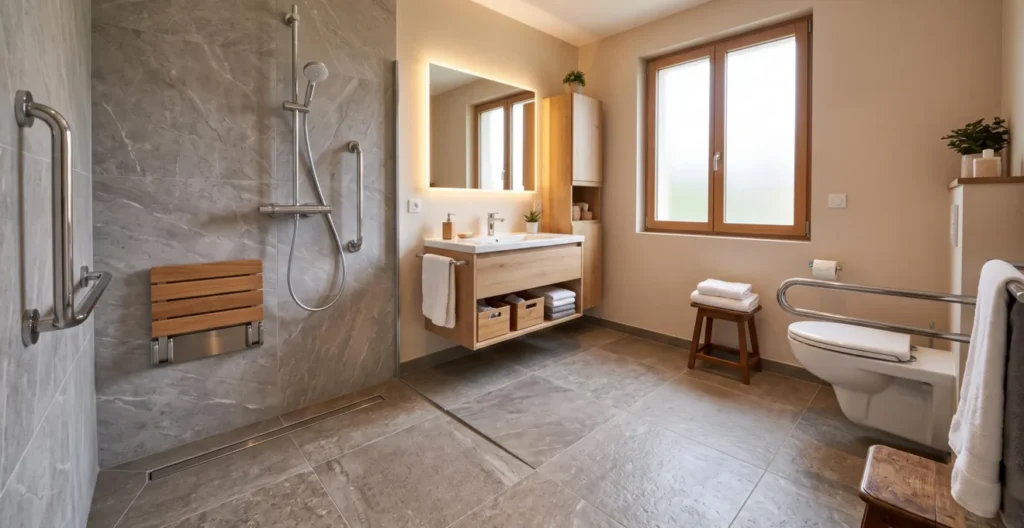Salle de bains moderne avec équipements de sécurité discrets intégrés dans un design contemporain chaleureux. Salle de bains moderne avec équipements de sécurité discrets intégrés dans un design contemporain chaleureux.